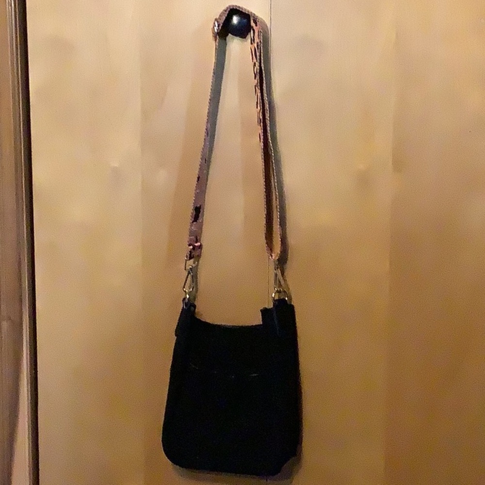 Ah-dorned black suede crossbody with leopard guitar strap - Picture 3 of 10